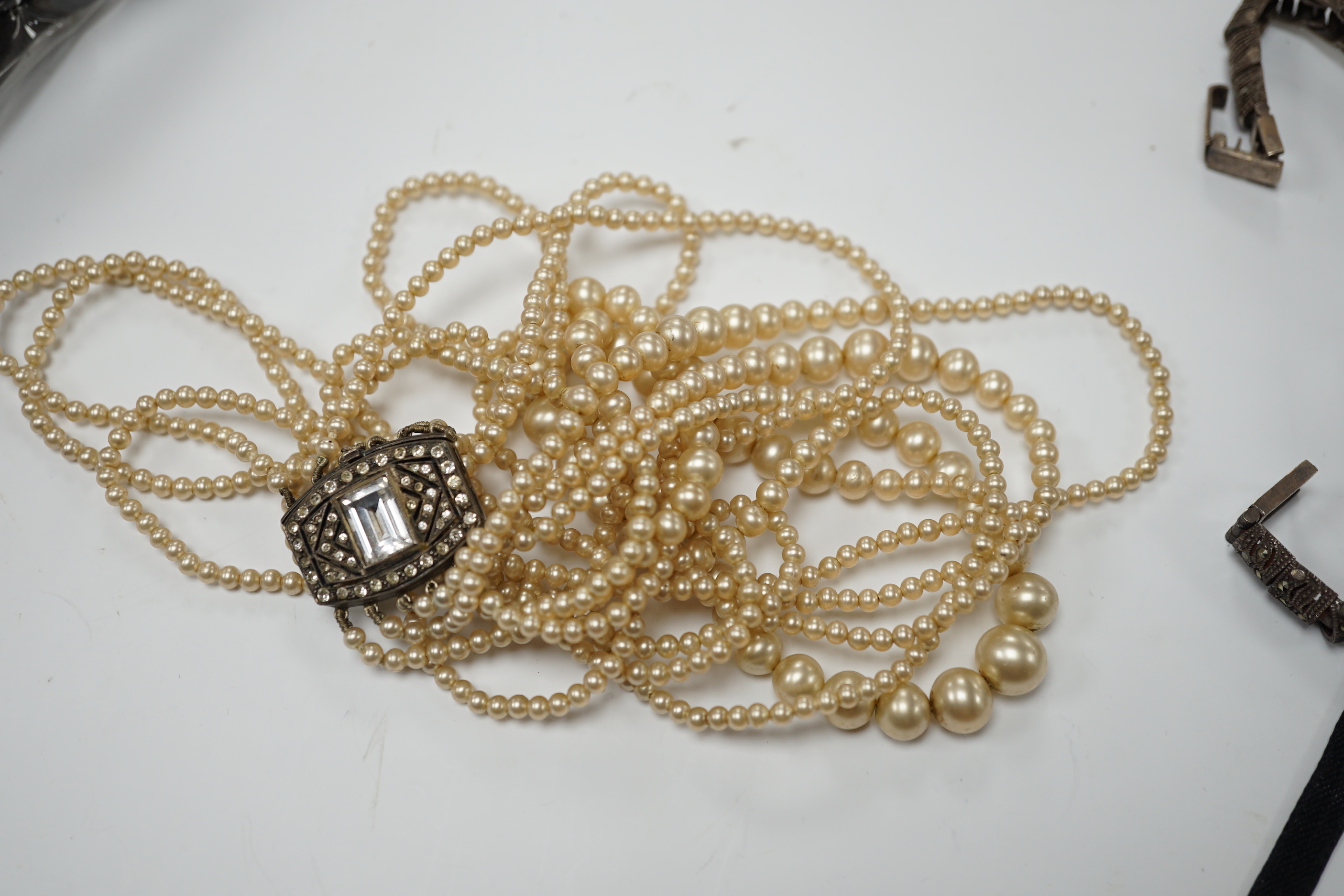 A collection of assorted paste set dress rings and sundry costume jewellery